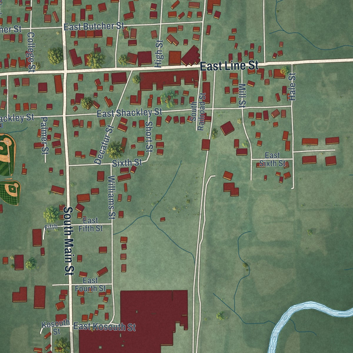 Close-up of the map of Geneva, Indiana print showing street and building detail