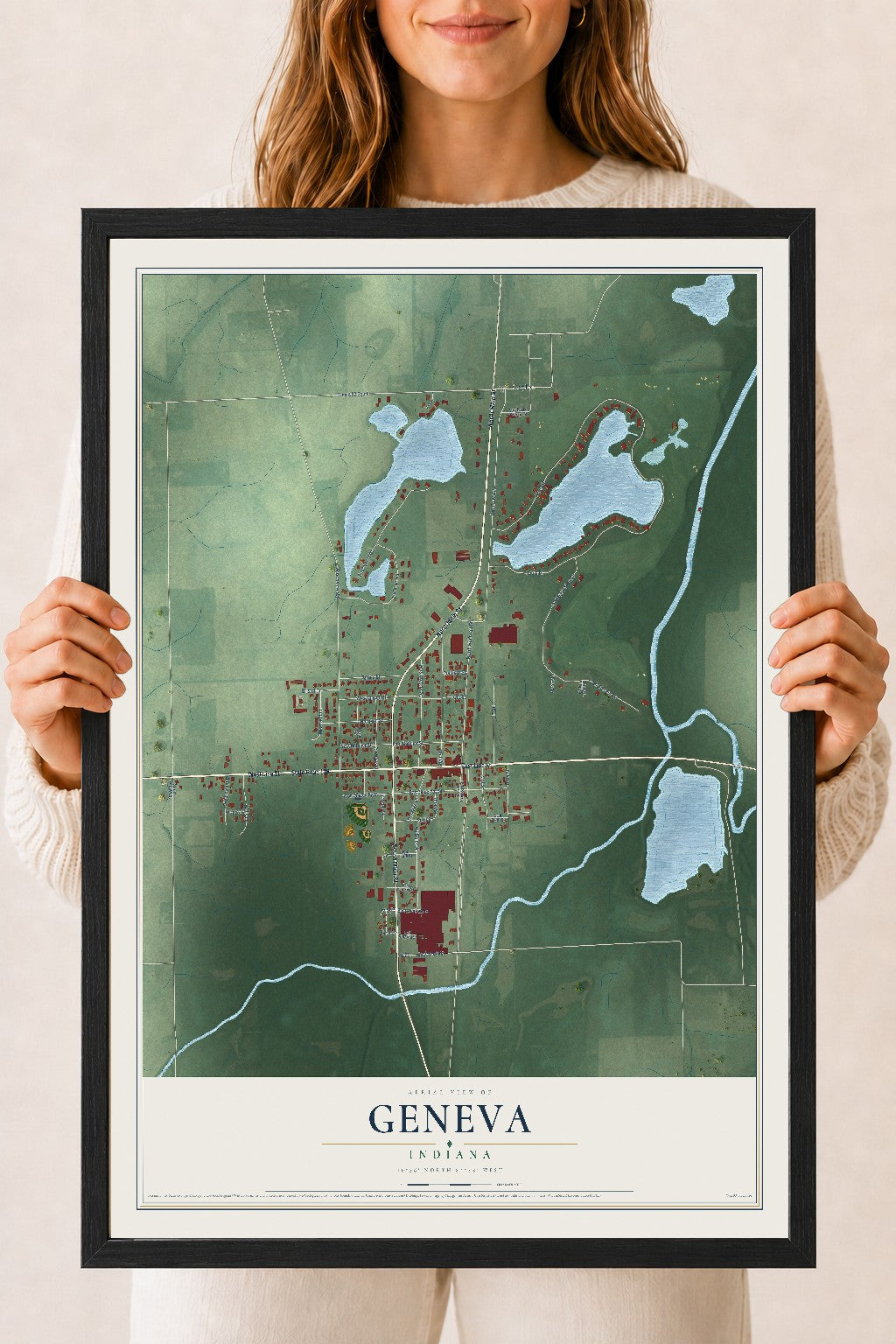 Map of Geneva, Indiana, 18 x 24 inch print in a black wood frame