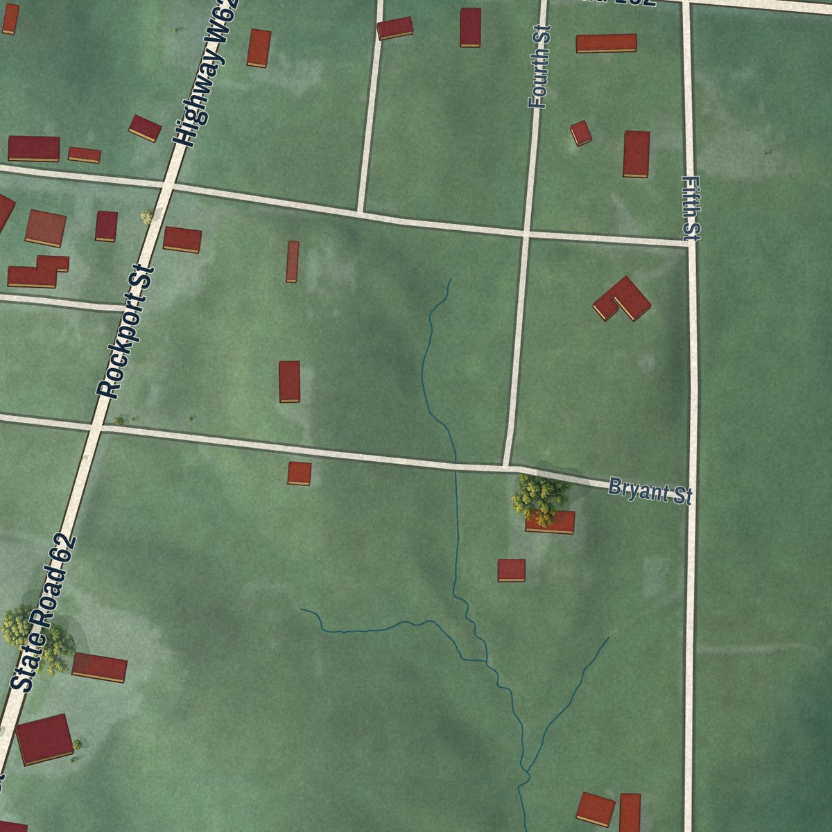 Close-up of the map of Gentryville, Indiana print showing street and building detail