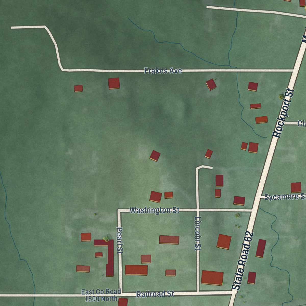 Second close-up of the map of Gentryville, Indiana print showing more streets and buildings