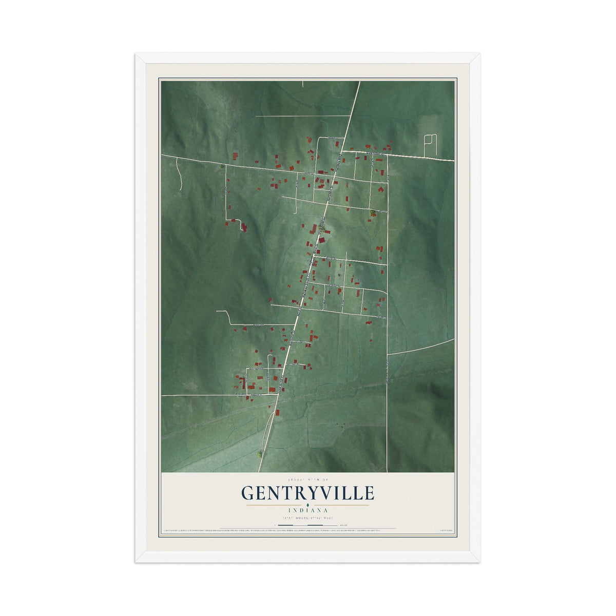 Map of Gentryville, Indiana, 12 x 18 inch print in a white wood frame