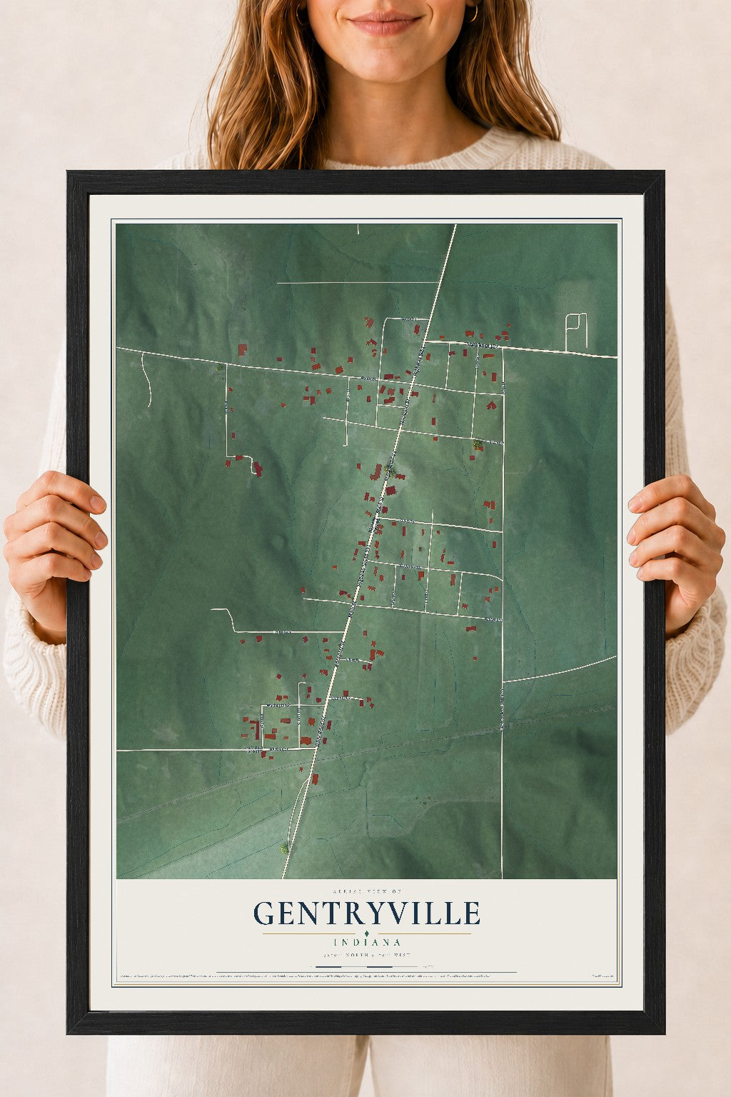 Map of Gentryville, Indiana, 18 x 24 inch print in a black wood frame