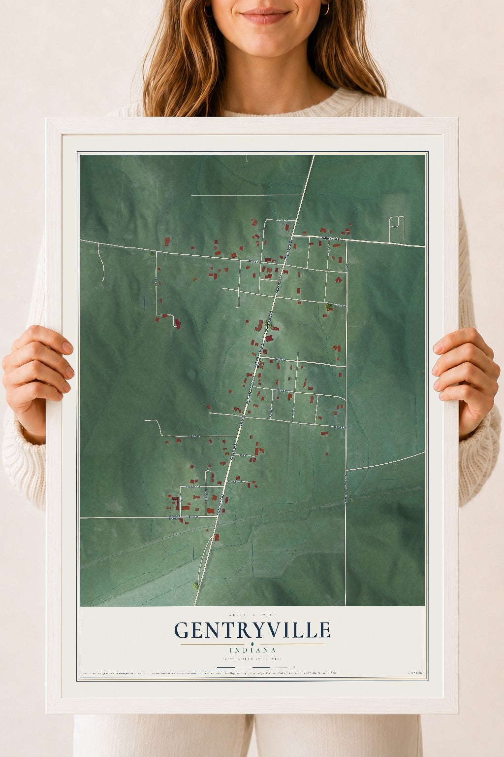 Map of Gentryville, Indiana, 18 x 24 inch print in a white wood frame