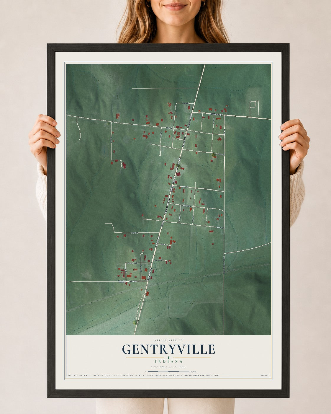 Map of Gentryville, Indiana, 24 x 36 inch print in a black wood frame