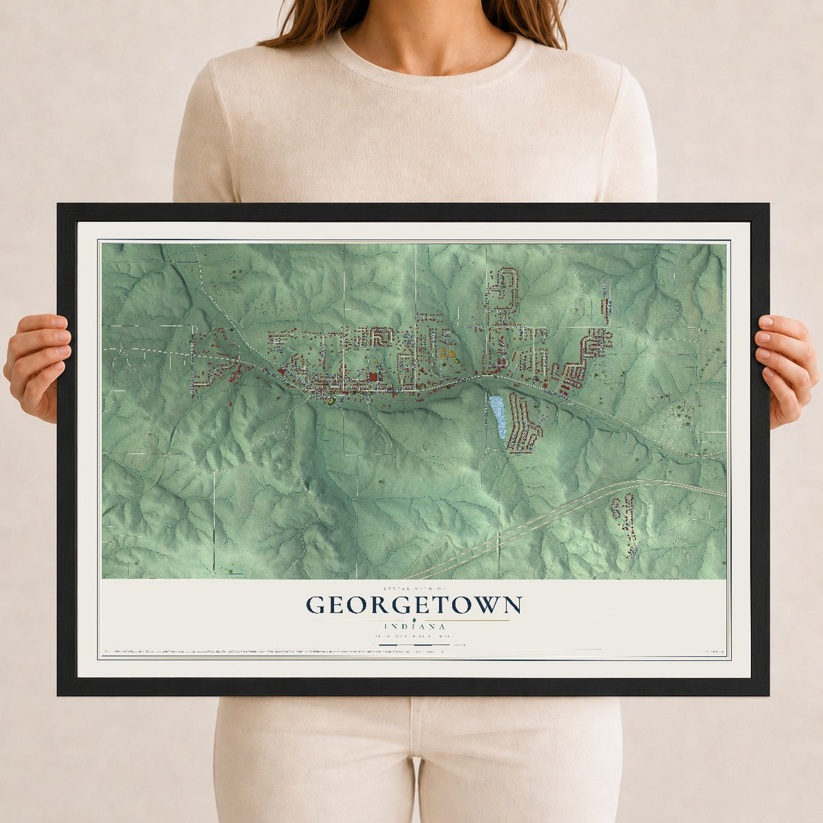 Map of Georgetown, Indiana, 12 x 18 inch print in a black wood frame