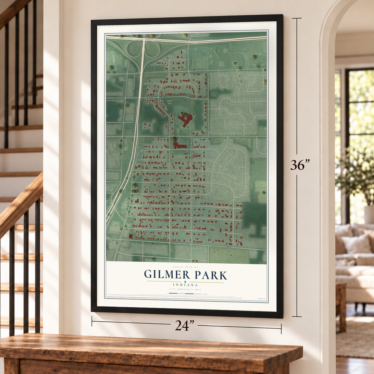 Gilmer Park, Indiana map, 24 x 36 inch print in a black frame by a staircase