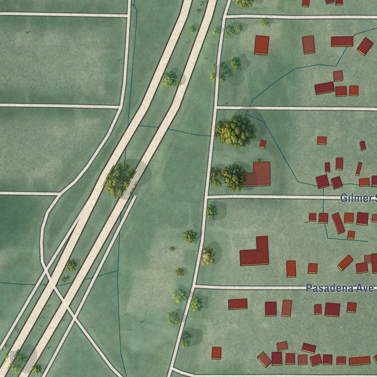 Close-up of the map of Gilmer Park, Indiana print showing street and building detail