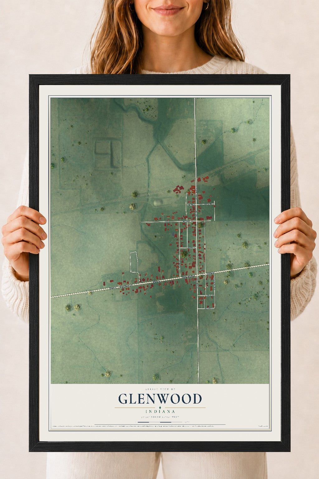 Map of Glenwood, Indiana, 18 x 24 inch print in a black wood frame