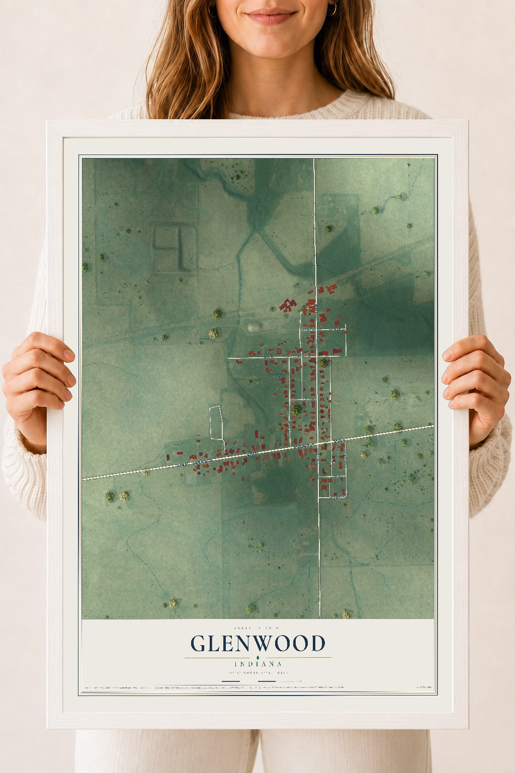 Map of Glenwood, Indiana, 18 x 24 inch print in a white wood frame