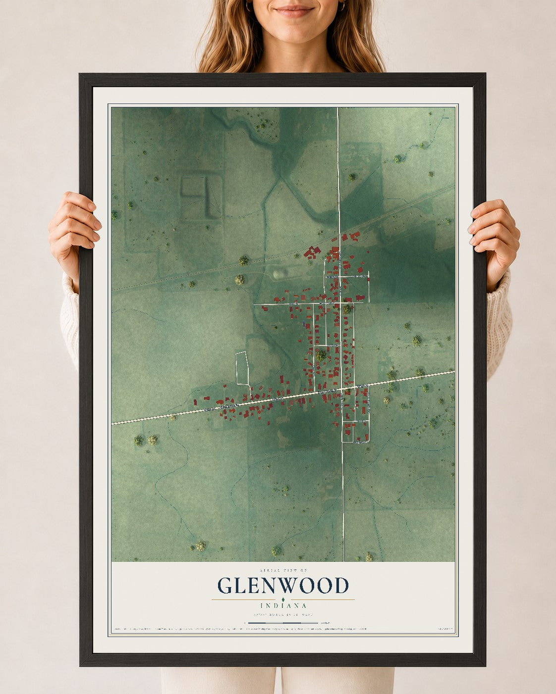 Map of Glenwood, Indiana, 24 x 36 inch print in a black wood frame