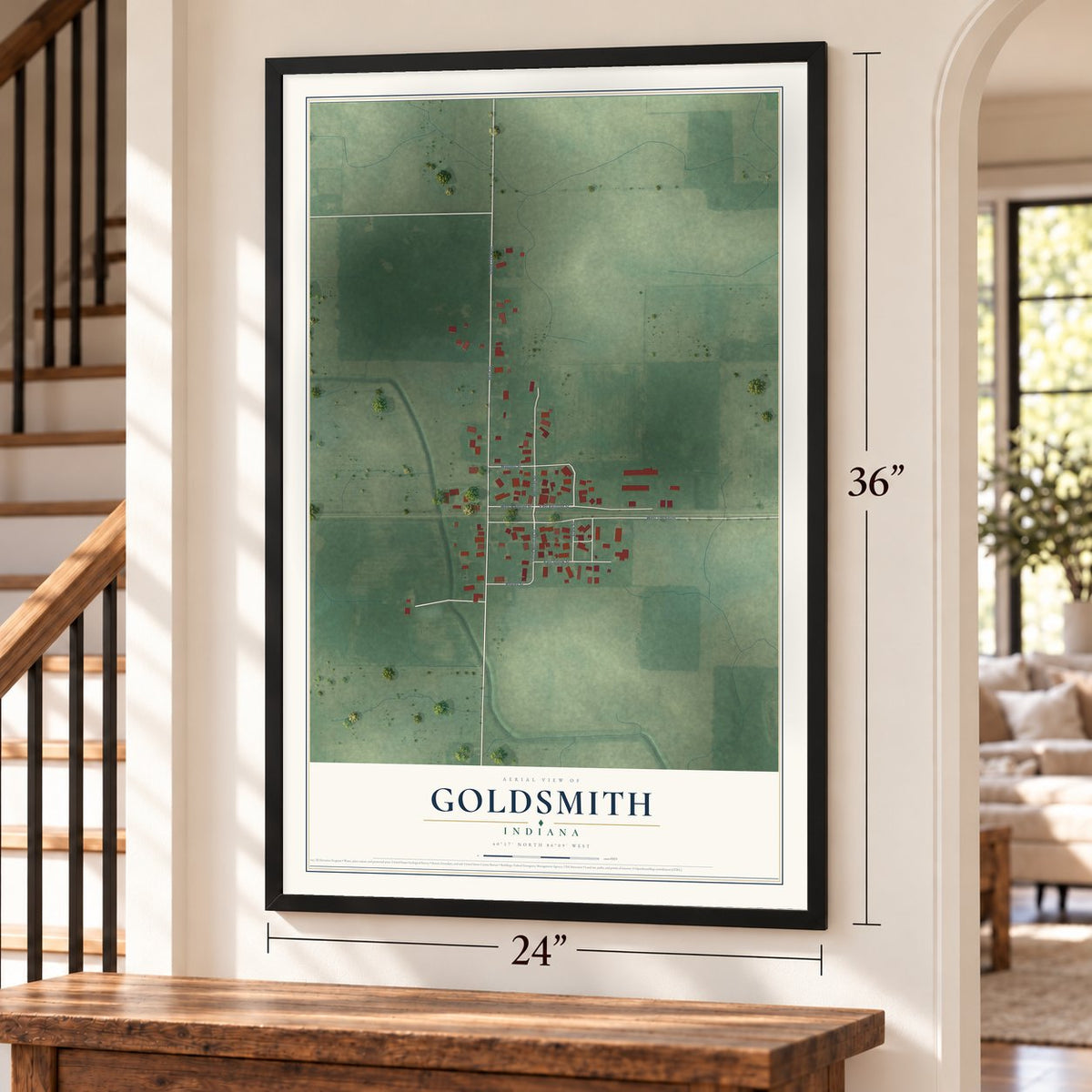 Goldsmith, Indiana map, 24 x 36 inch print in a black frame by a staircase