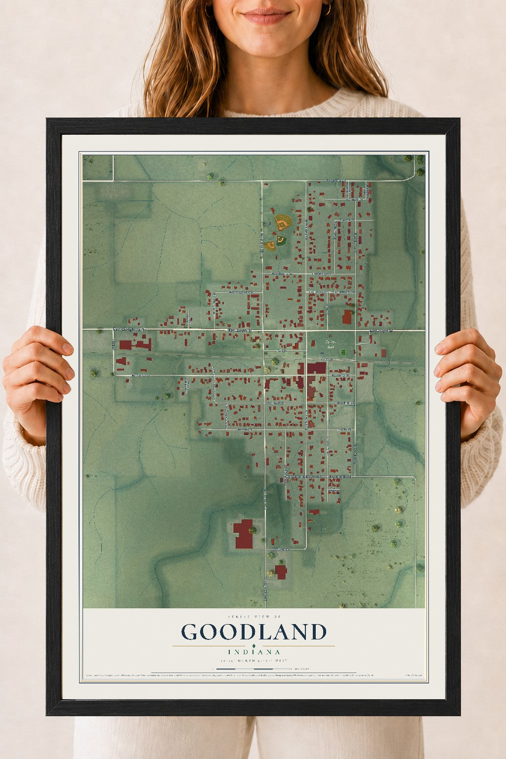 Map of Goodland, Indiana, 18 x 24 inch print in a black wood frame