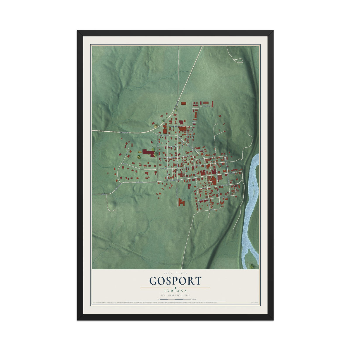 Map of Gosport, Indiana, 12 x 18 inch print in a black wood frame