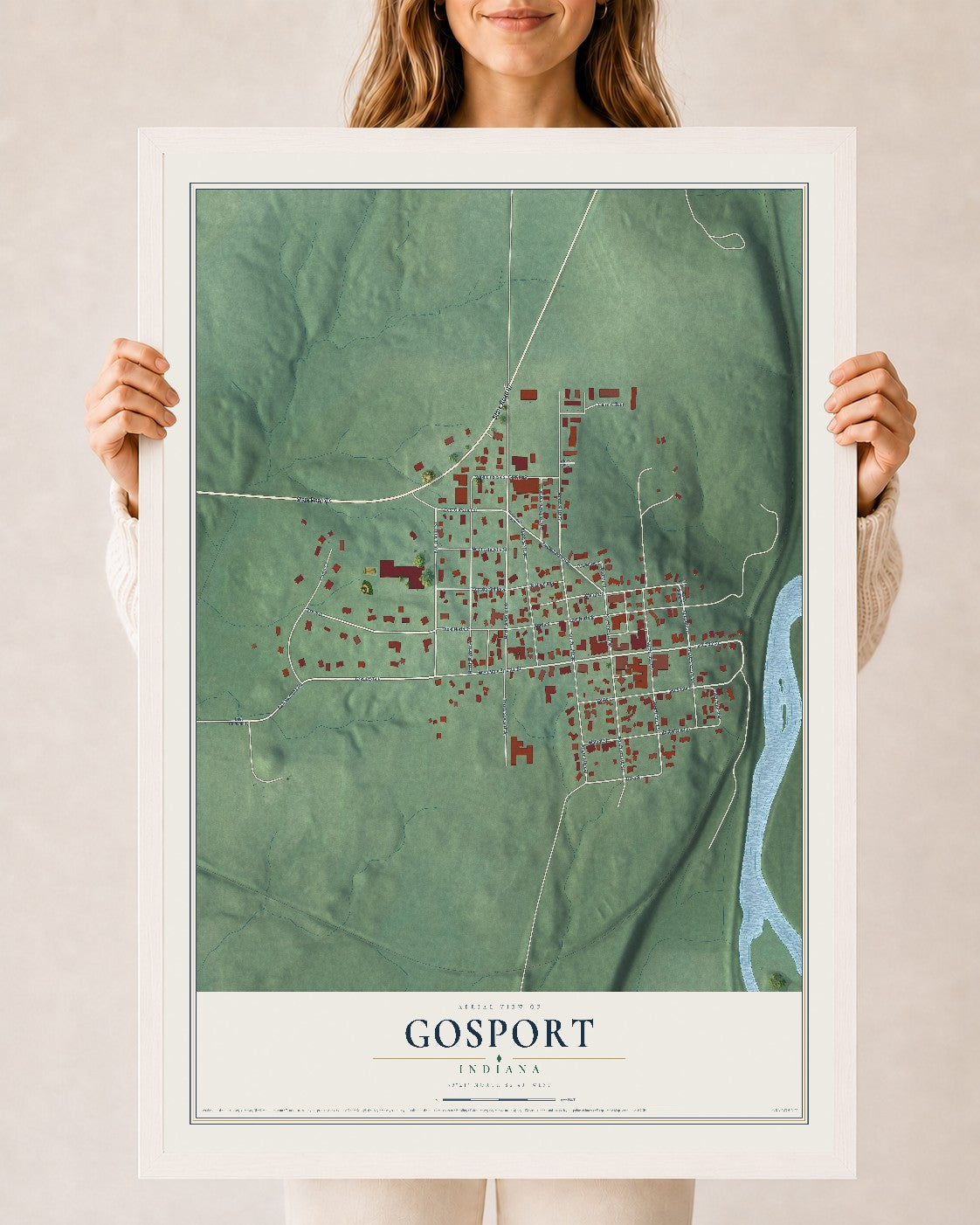 Map of Gosport, Indiana, 24 x 36 inch print in a white wood frame