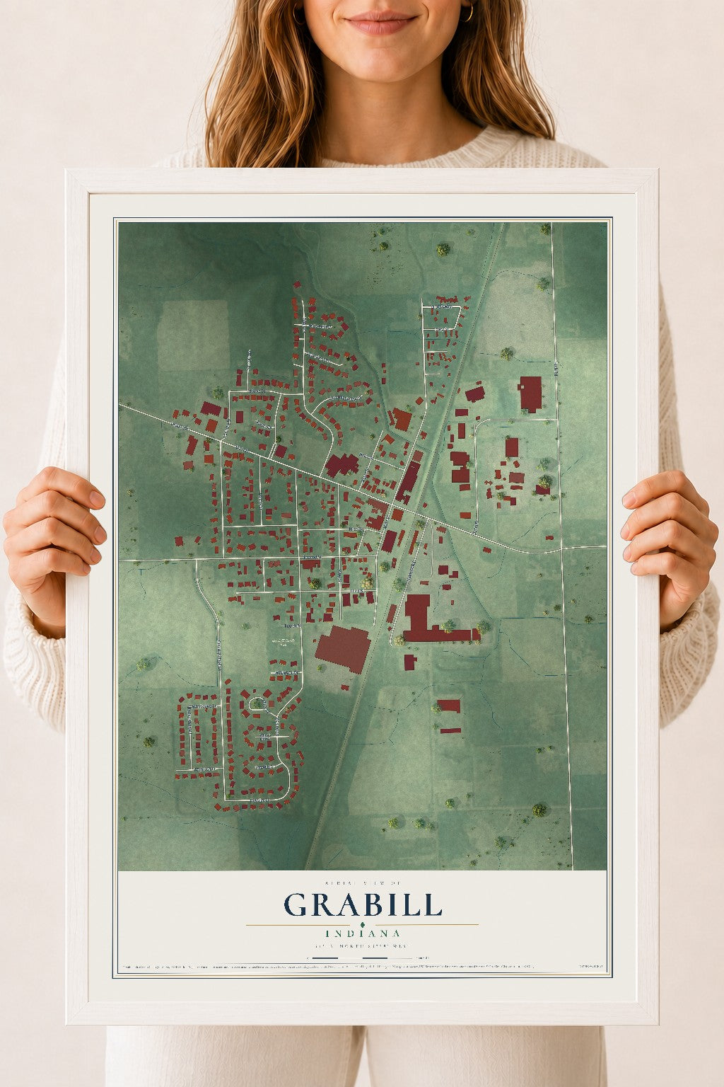 Map of Grabill, Indiana, 18 x 24 inch print in a white wood frame