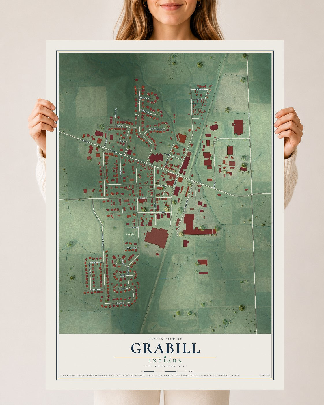 Map of Grabill, Indiana, 24 x 36 inch unframed archival matte print
