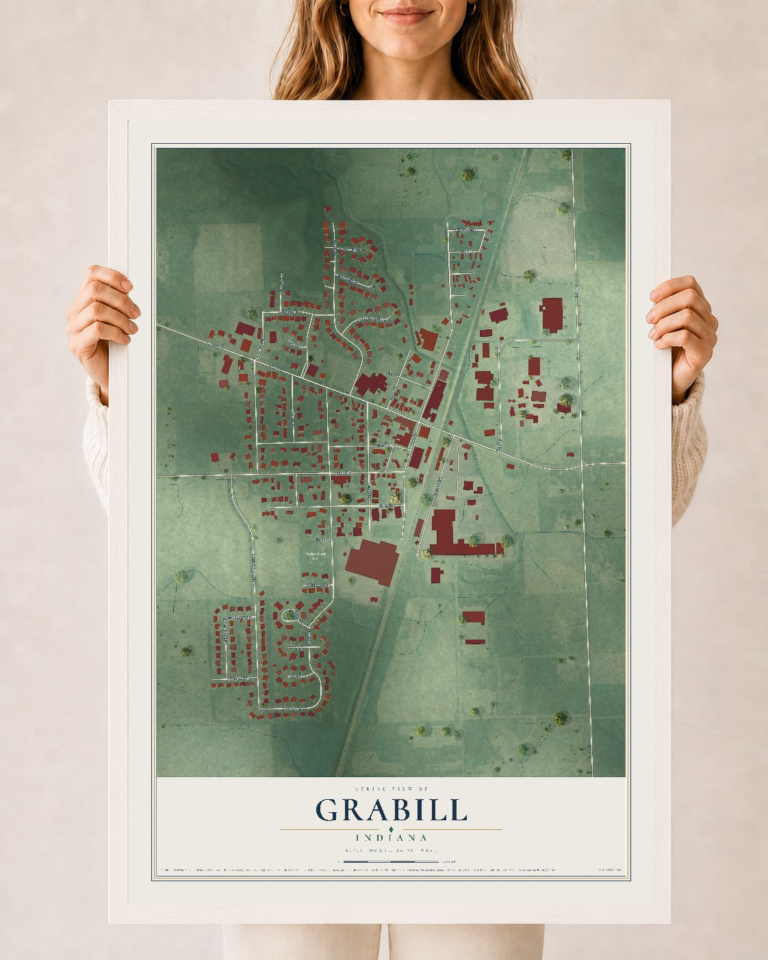 Map of Grabill, Indiana, 24 x 36 inch print in a white wood frame