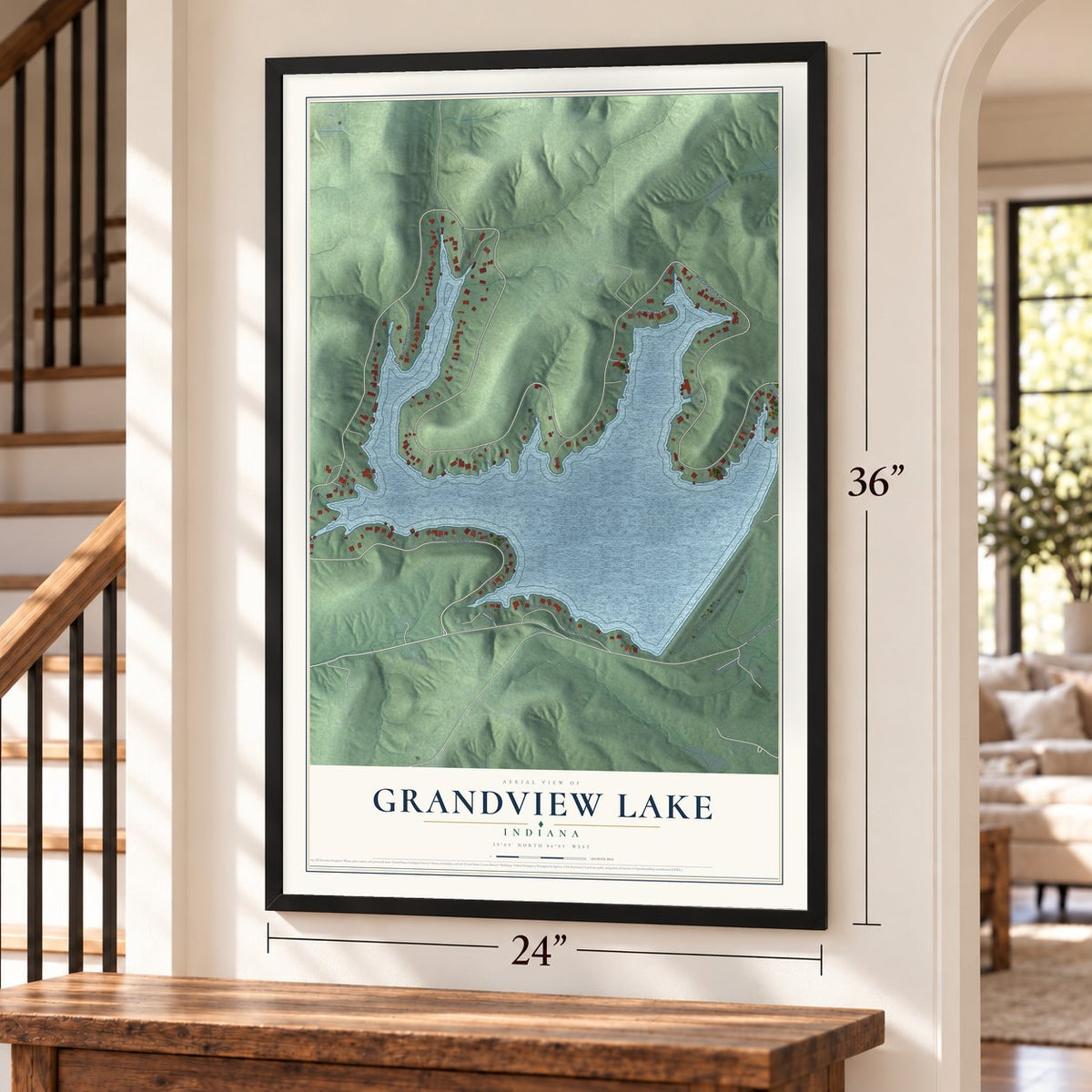 Grandview Lake, Indiana map, 24 x 36 inch print in a black frame by a staircase