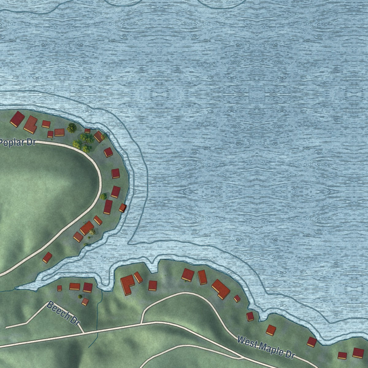 Close-up of the map of Grandview Lake, Indiana print showing street and building detail