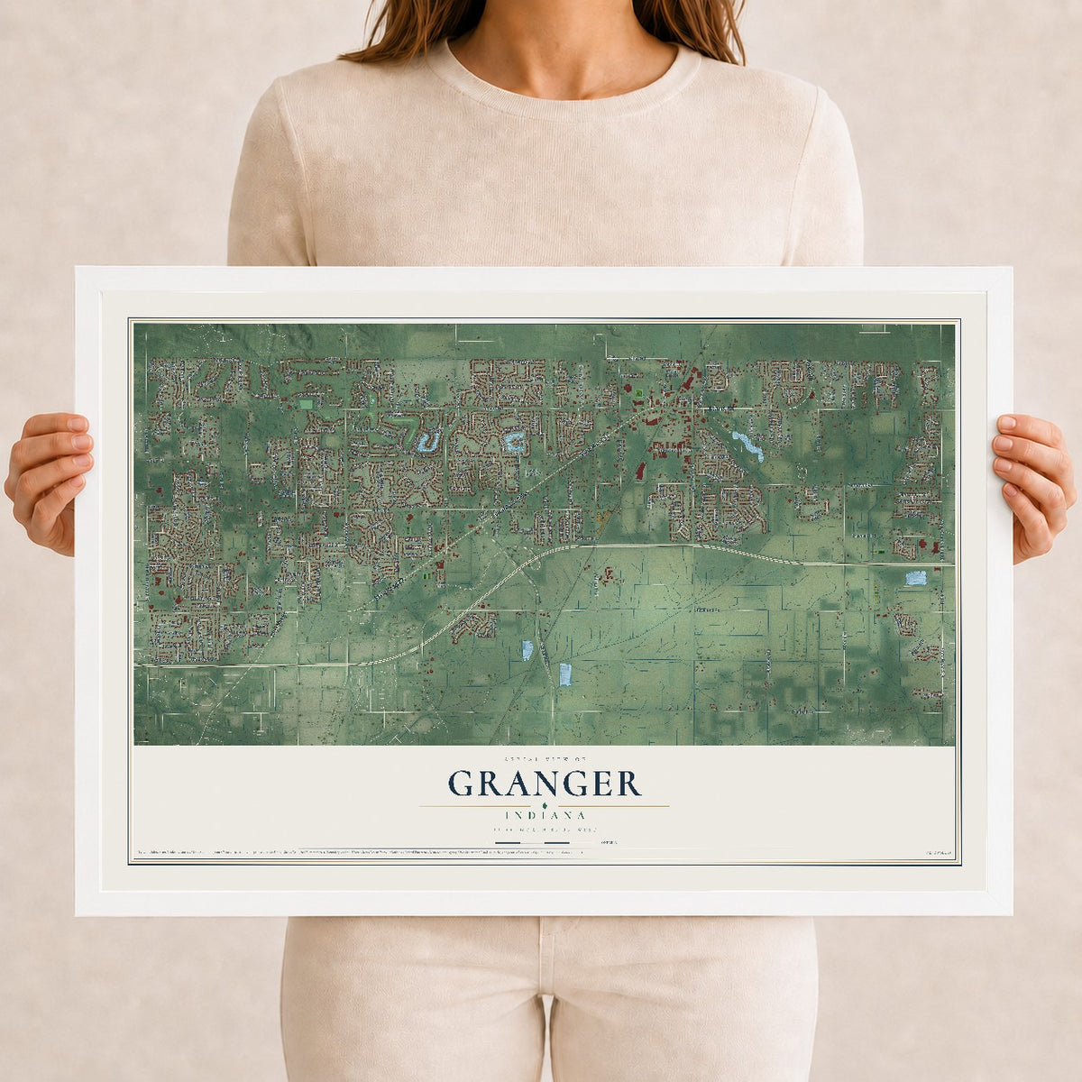 Map of Granger, Indiana, 12 x 18 inch print in a white wood frame