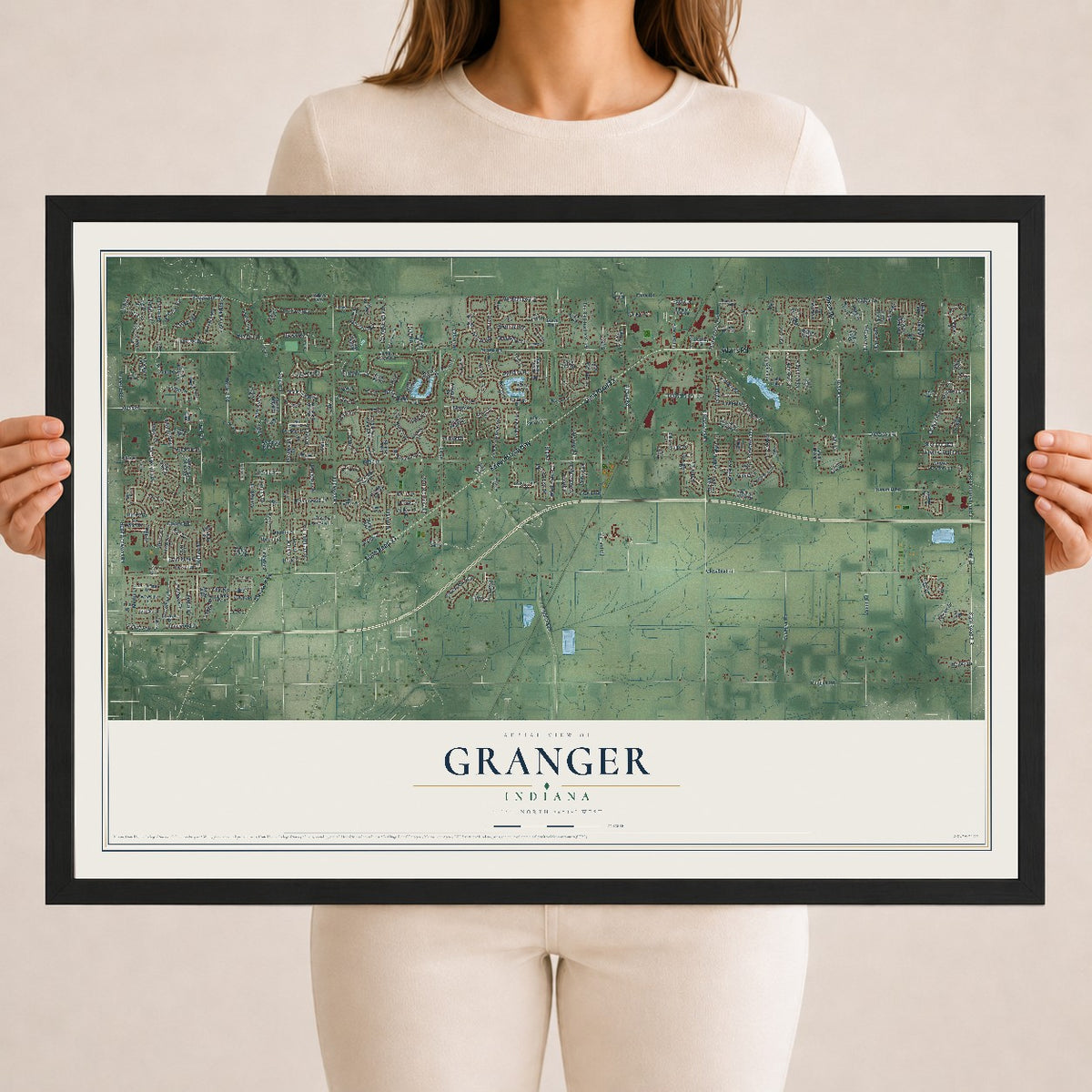 Map of Granger, Indiana, 18 x 24 inch print in a black wood frame