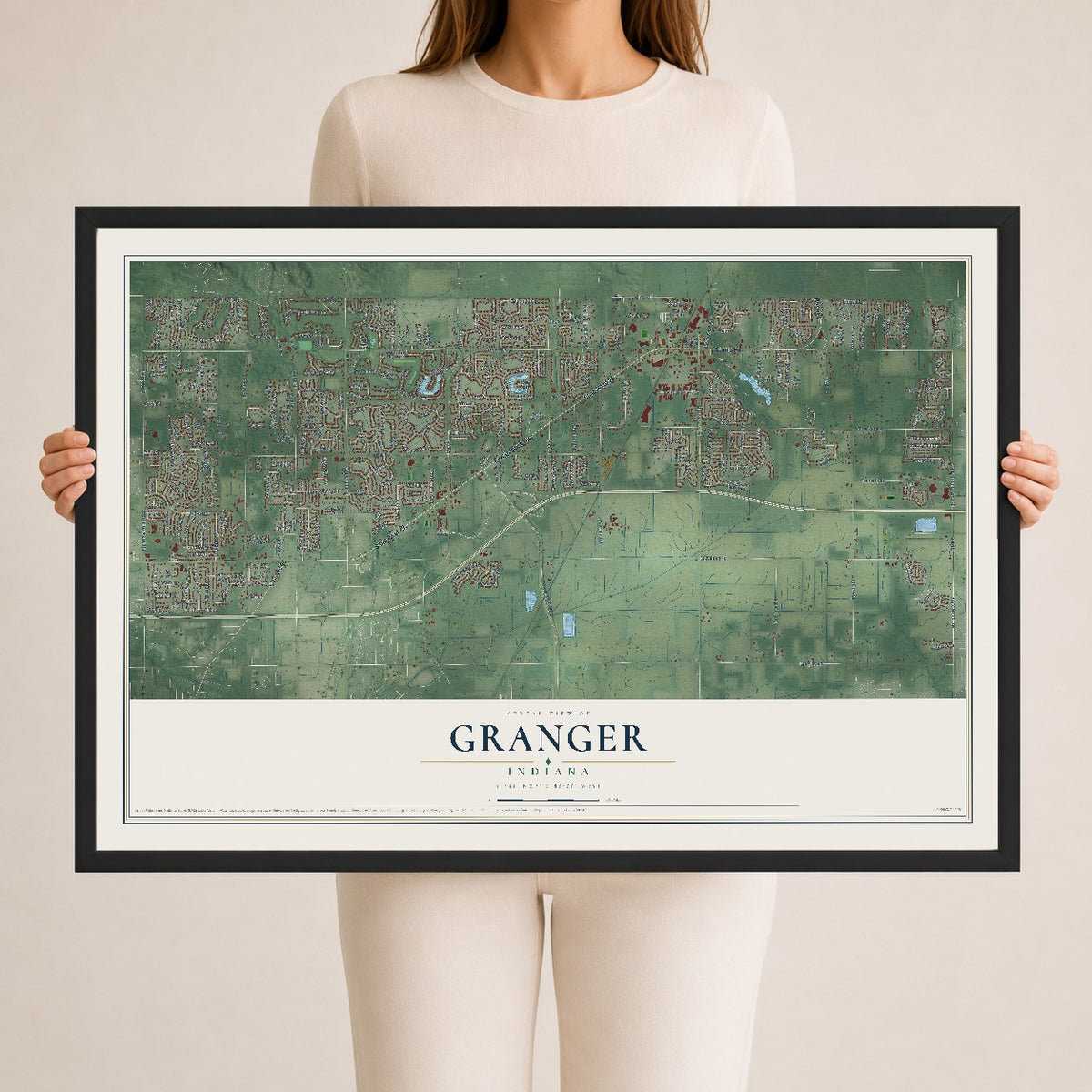 Map of Granger, Indiana, 24 x 36 inch print in a black wood frame