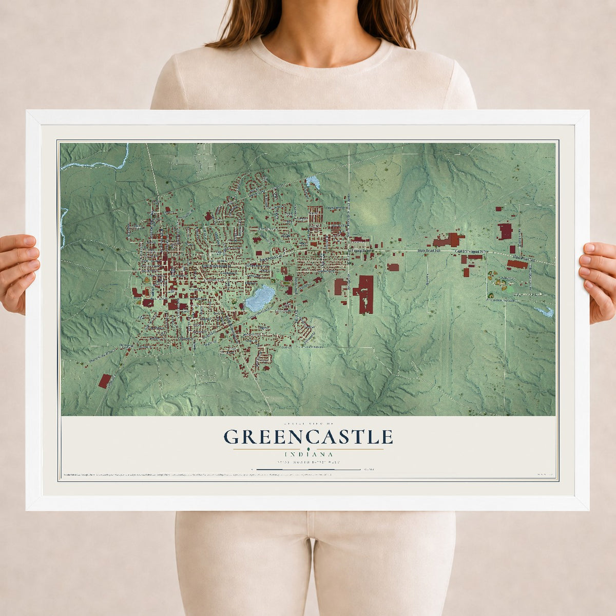 Map of Greencastle, Indiana, 18 x 24 inch print in a white wood frame