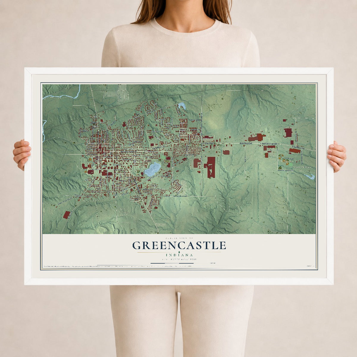 Map of Greencastle, Indiana, 24 x 36 inch print in a white wood frame