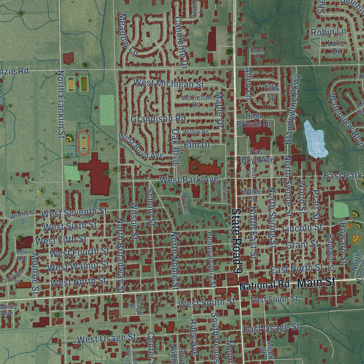 Close-up of the map of Greenfield, Indiana print showing street and building detail