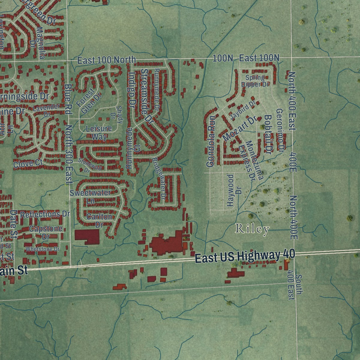Second close-up of the map of Greenfield, Indiana print showing more streets and buildings