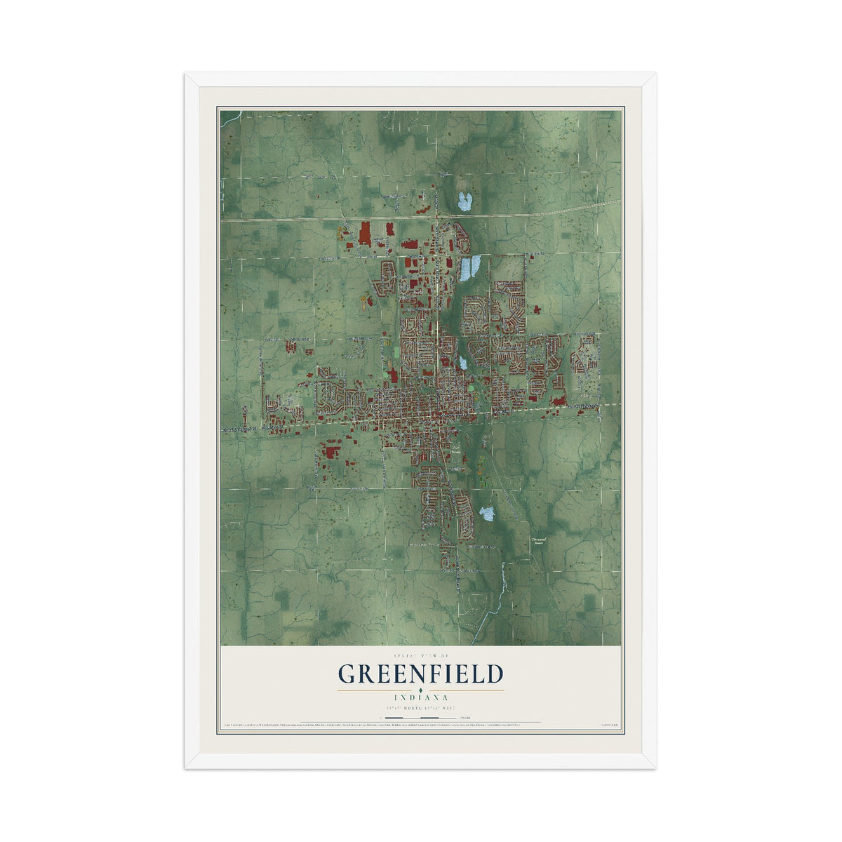 Map of Greenfield, Indiana, 12 x 18 inch print in a white wood frame