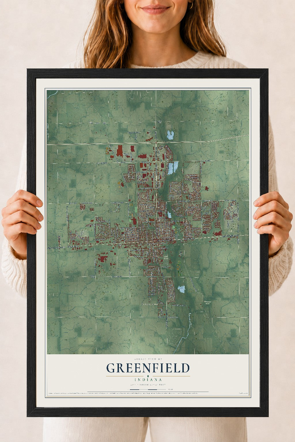 Map of Greenfield, Indiana, 18 x 24 inch print in a black wood frame