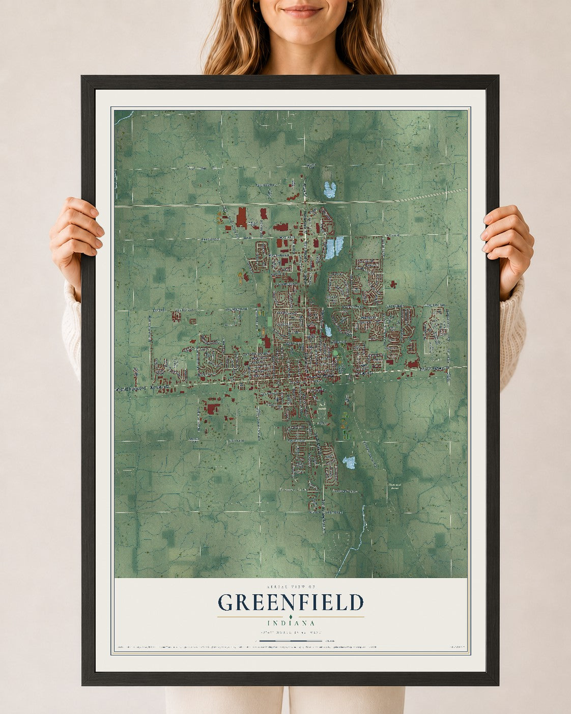 Map of Greenfield, Indiana, 24 x 36 inch print in a black wood frame
