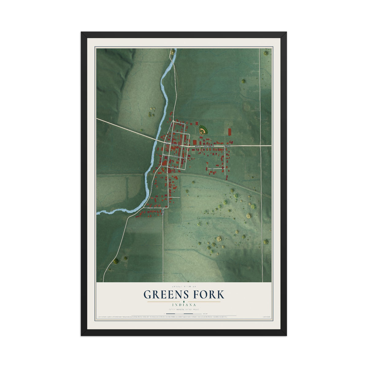 Map of Greens Fork, Indiana, 12 x 18 inch print in a black wood frame