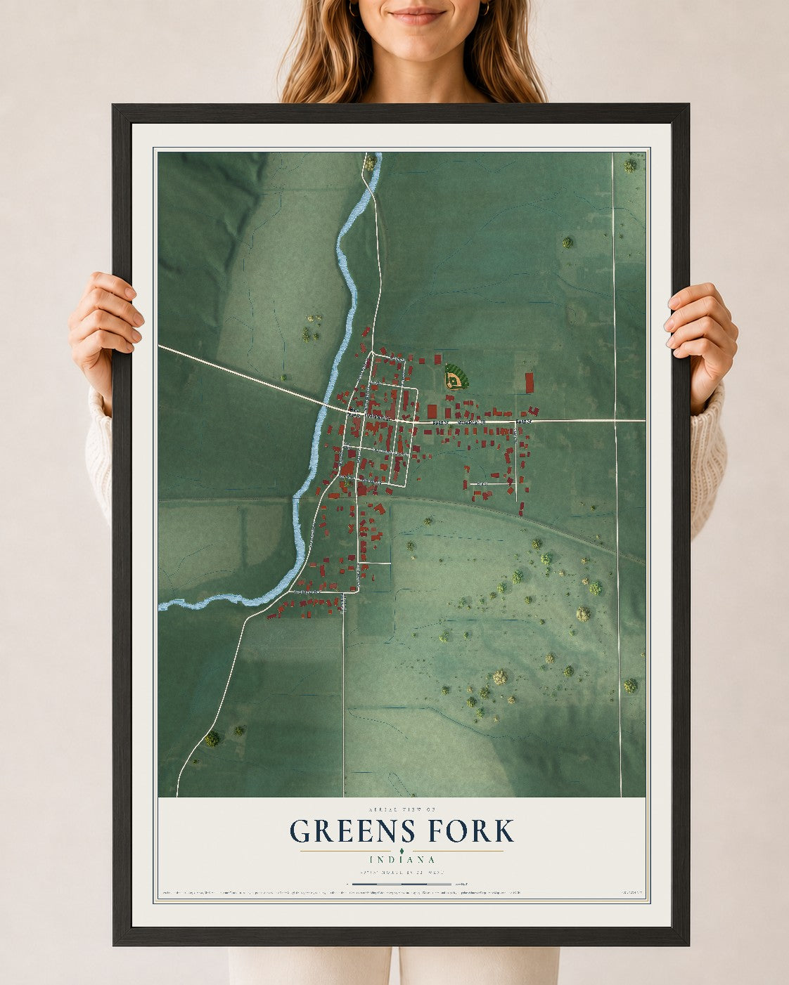 Map of Greens Fork, Indiana, 24 x 36 inch print in a black wood frame