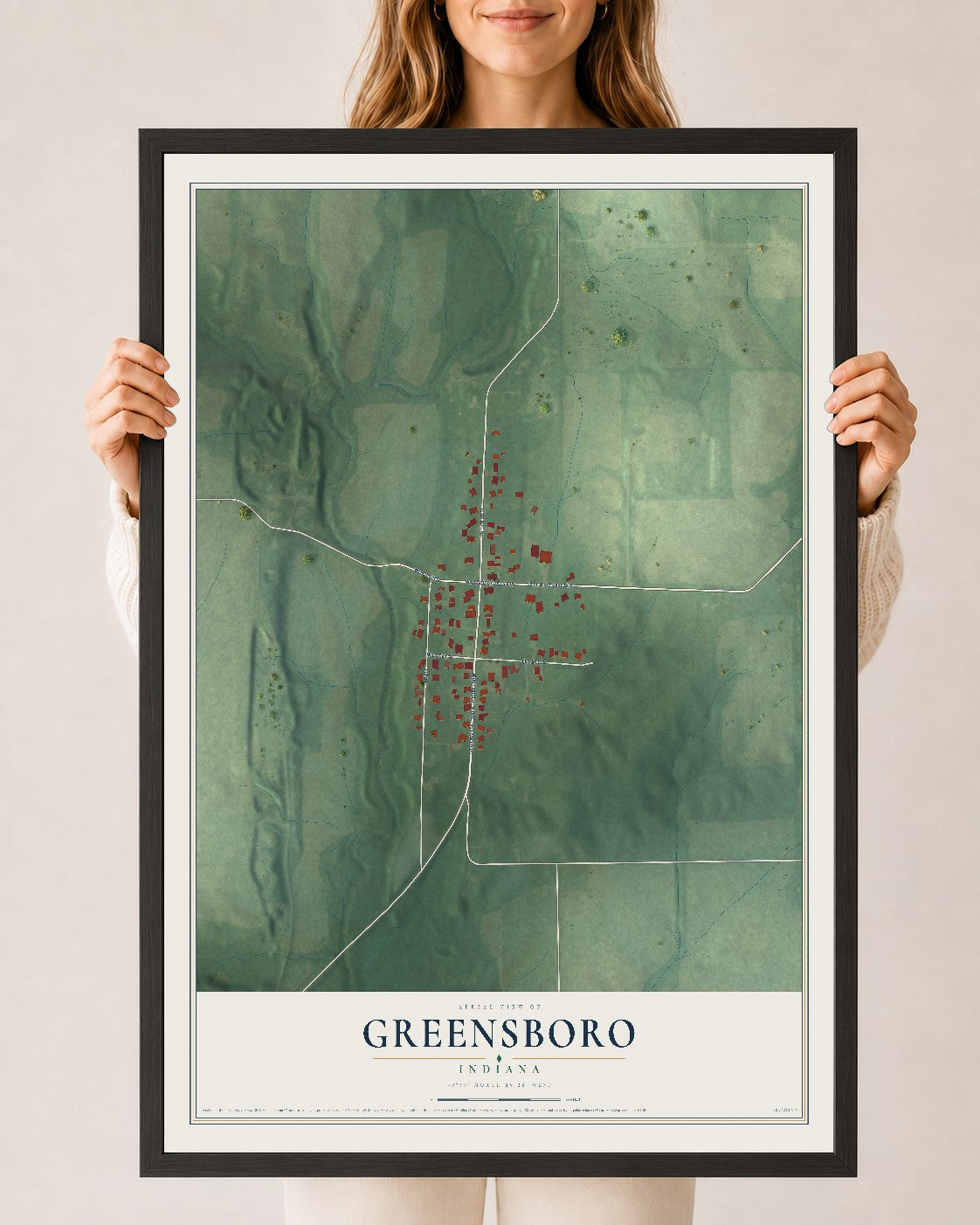 Map of Greensboro, Indiana, 24 x 36 inch print in a black wood frame