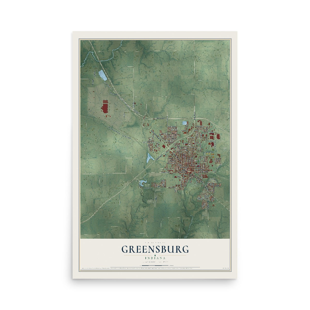Map of Greensburg, Indiana, 12 x 18 inch unframed archival matte print