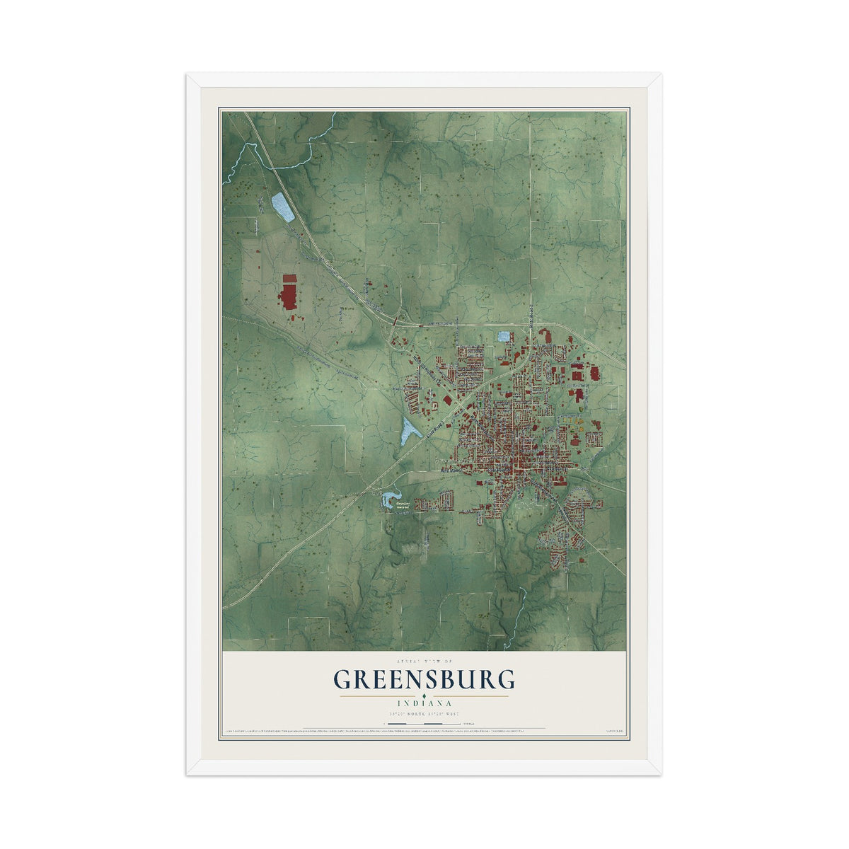 Map of Greensburg, Indiana, 12 x 18 inch print in a white wood frame