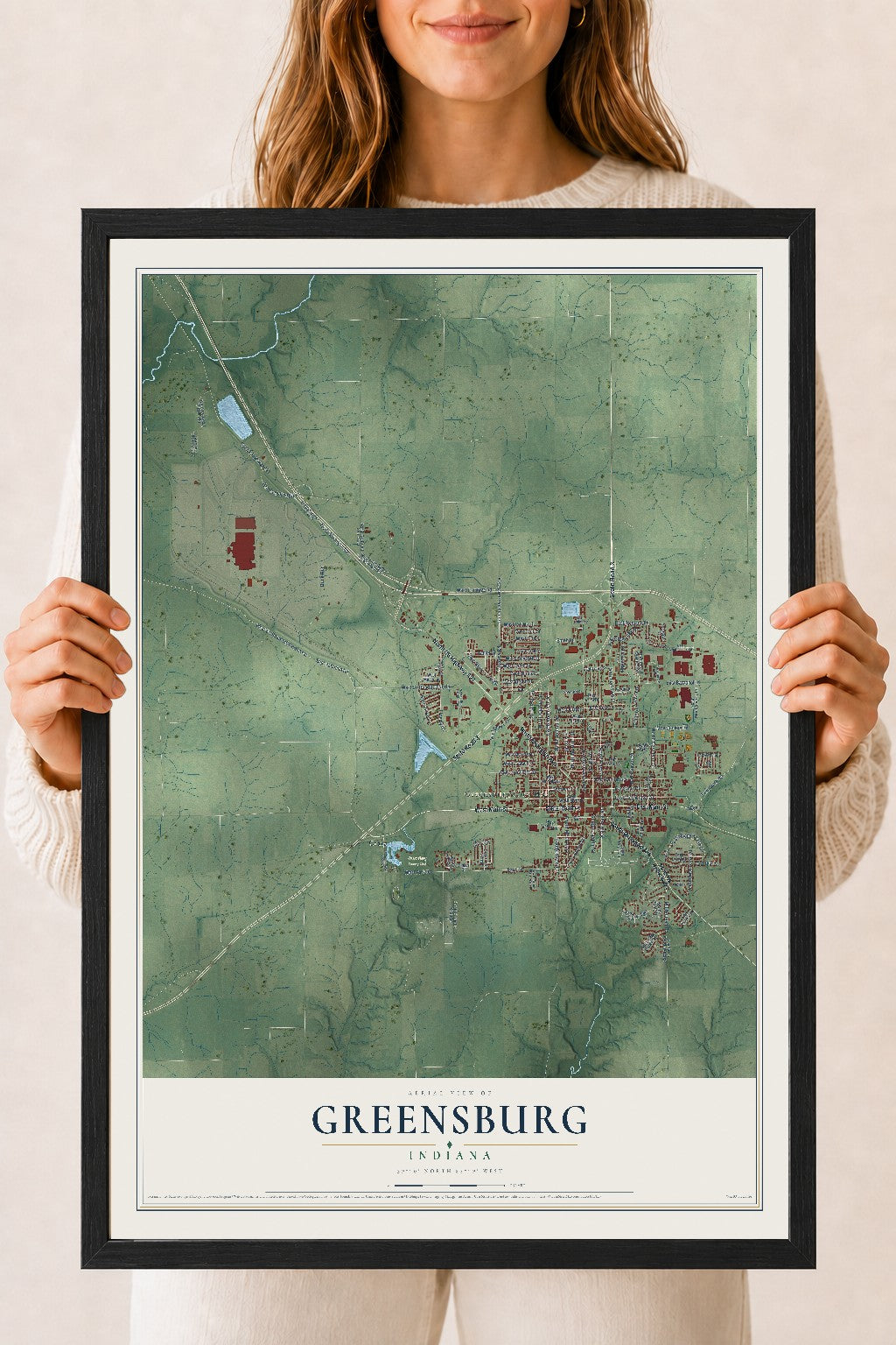Map of Greensburg, Indiana, 18 x 24 inch print in a black wood frame