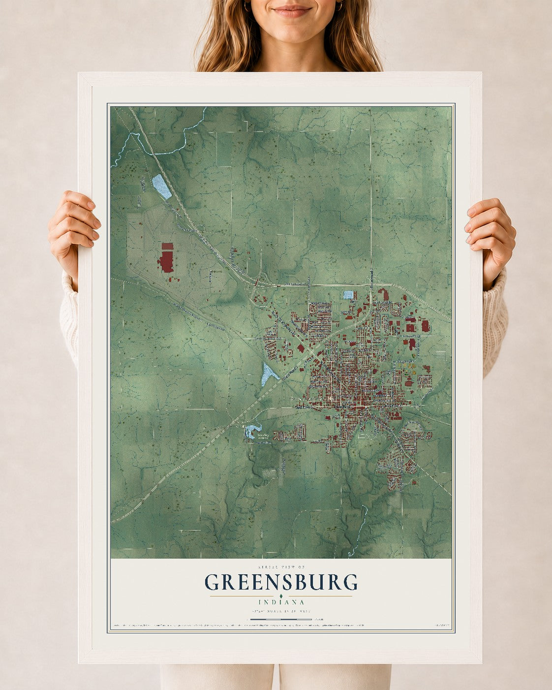 Map of Greensburg, Indiana, 24 x 36 inch print in a white wood frame