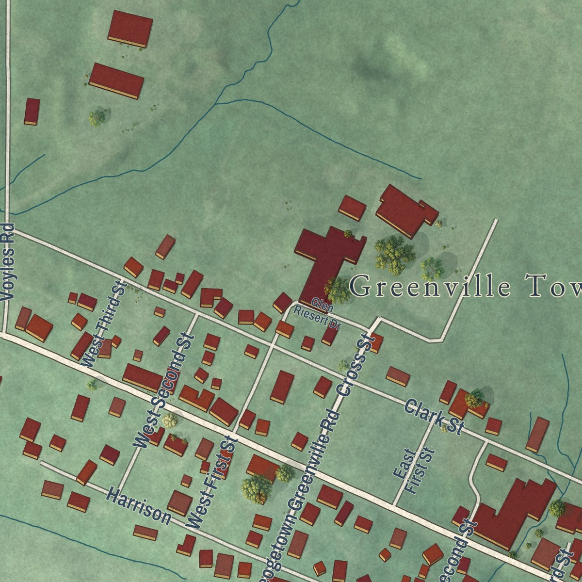 Second close-up of the map of Greenville, Indiana print showing more streets and buildings