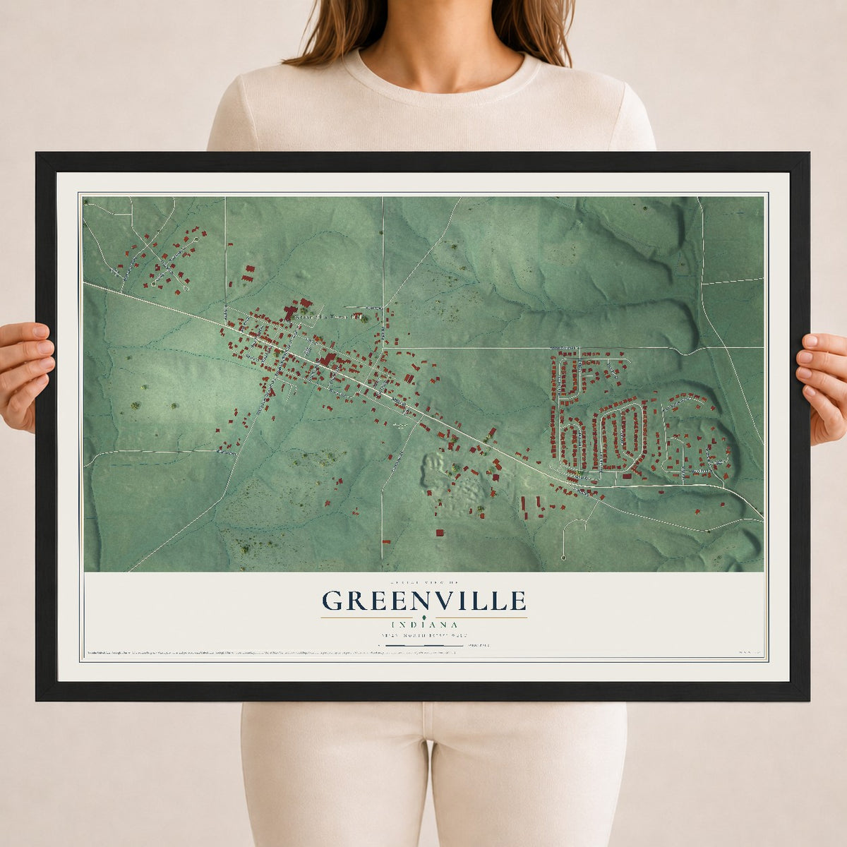 Map of Greenville, Indiana, 18 x 24 inch print in a black wood frame