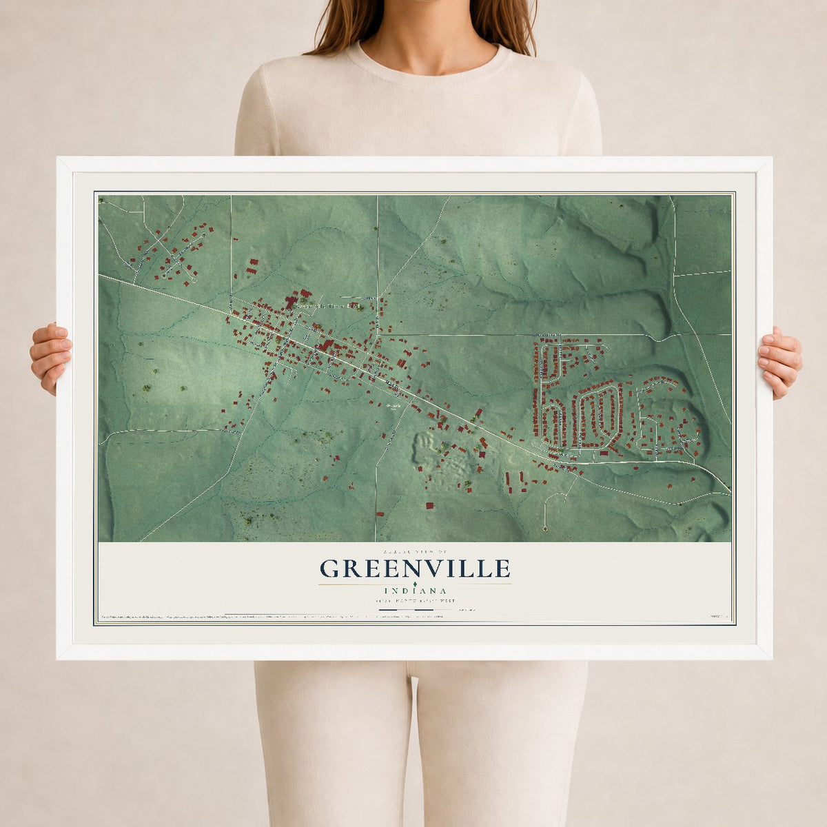 Map of Greenville, Indiana, 24 x 36 inch print in a white wood frame