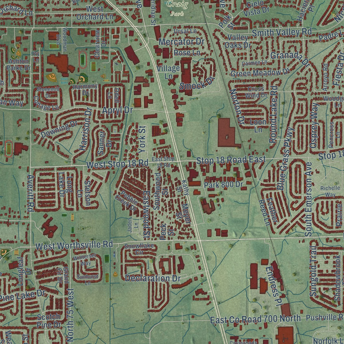 Close-up of the map of Greenwood, Indiana print showing street and building detail
