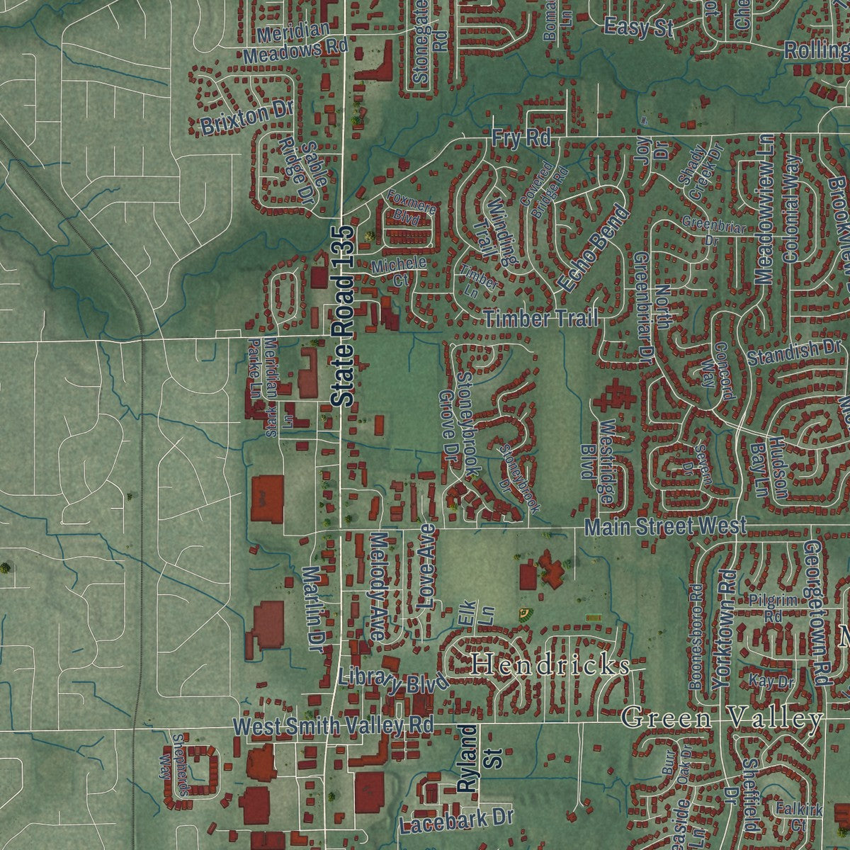 Second close-up of the map of Greenwood, Indiana print showing more streets and buildings