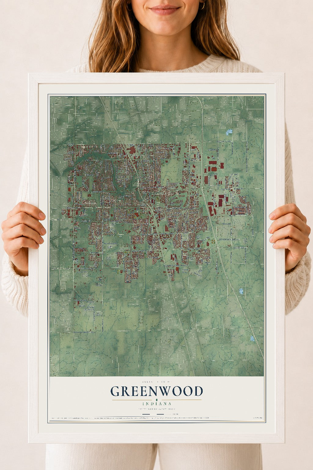 Map of Greenwood, Indiana, 18 x 24 inch print in a white wood frame