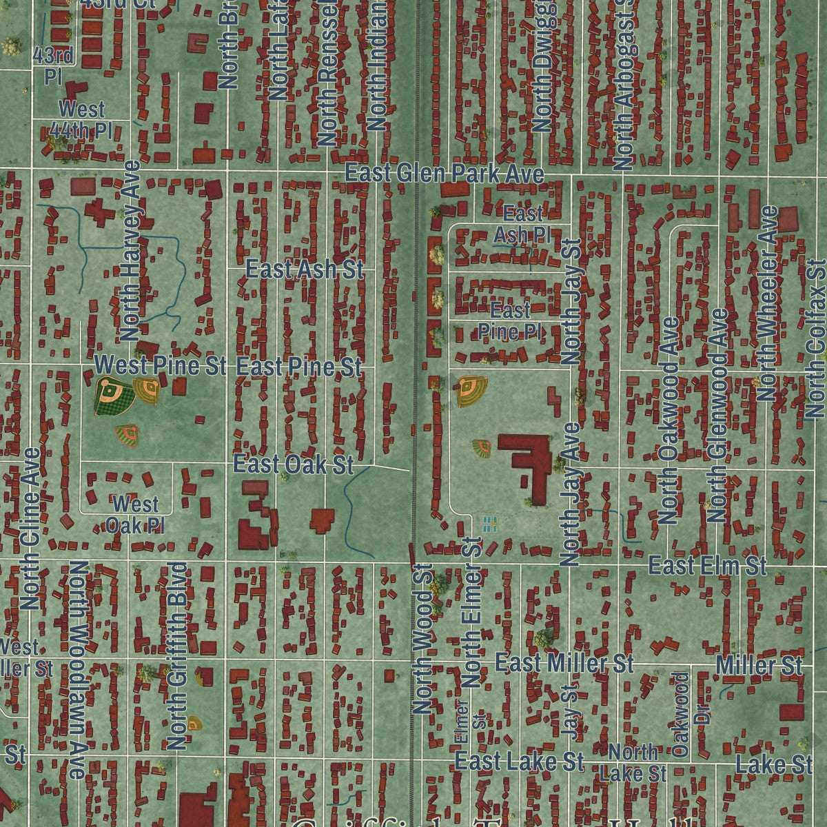 Close-up of the map of Griffith, Indiana print showing street and building detail
