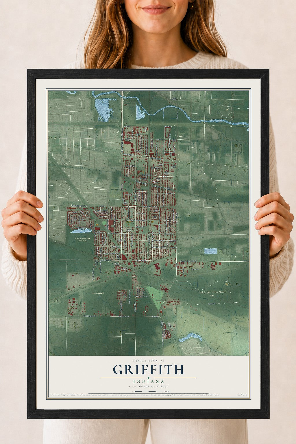Map of Griffith, Indiana, 18 x 24 inch print in a black wood frame