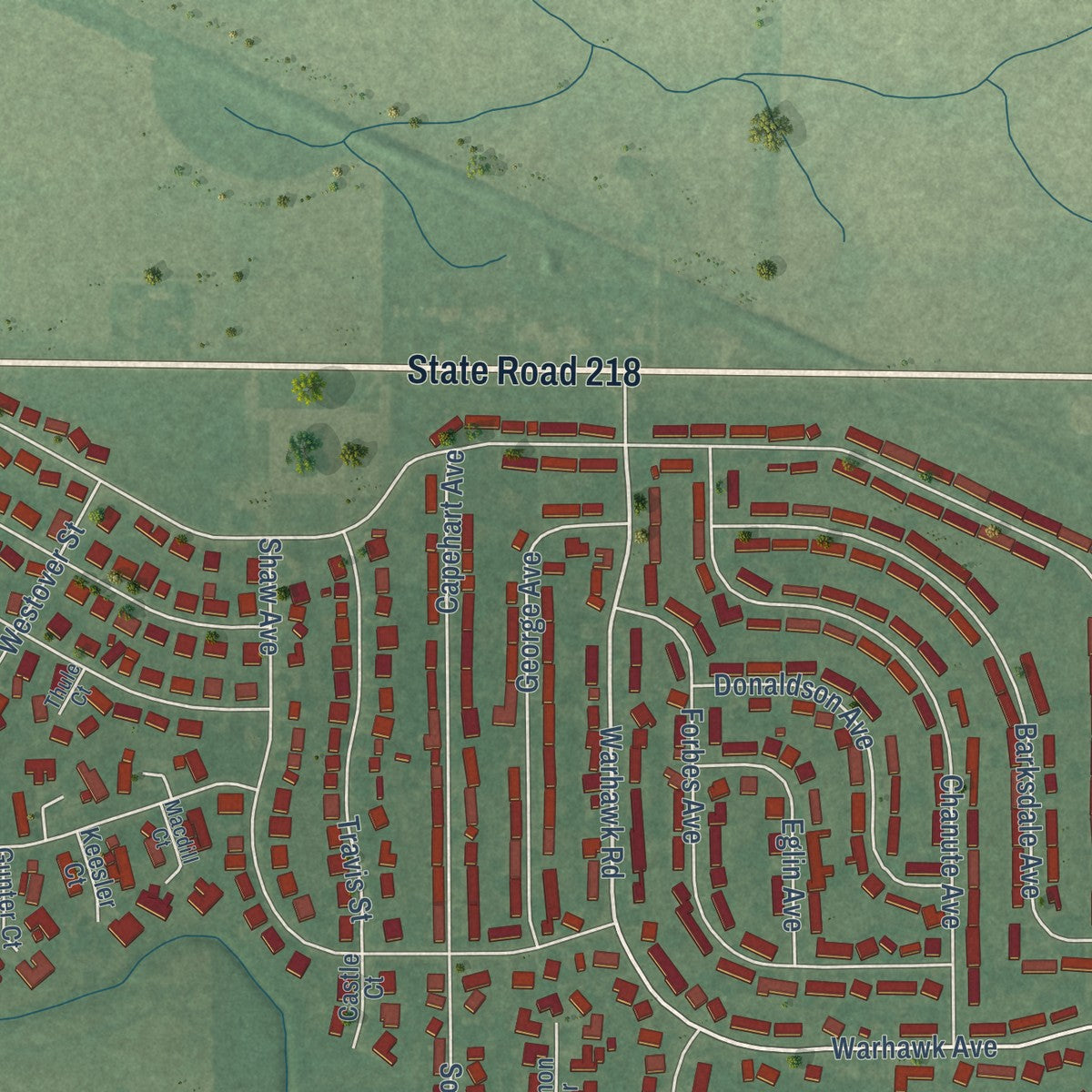 Close-up of the map of Grissom AFB, Indiana print showing street and building detail