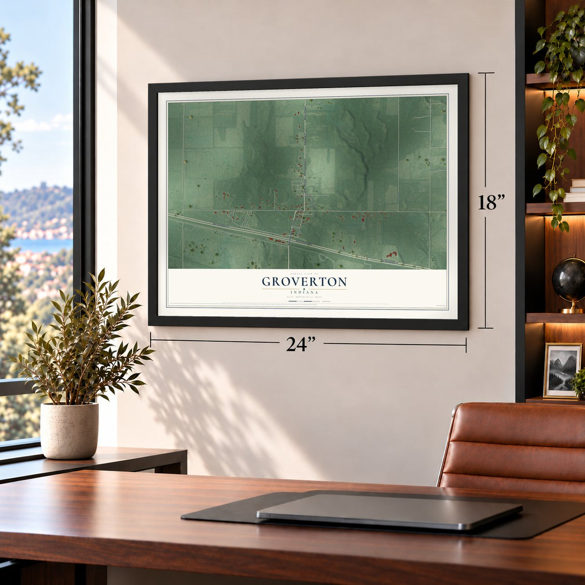 Groverton, Indiana map, 18 x 24 inch print in a black frame in a home office